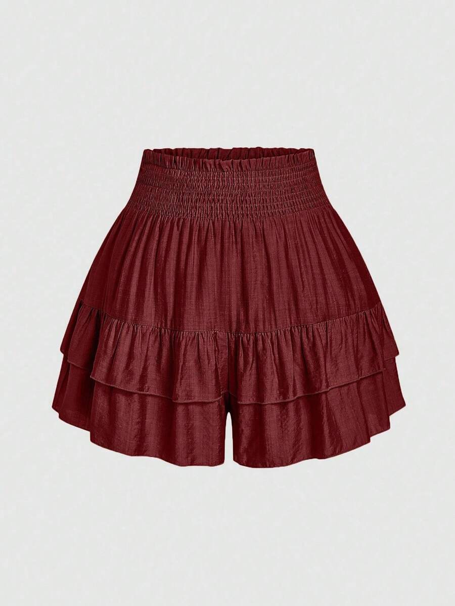 SHEIN LUNE Plus Size Holidaya Paperbag Waist Ruffle Hem Wide Leg Shorts - Redwood - View 1