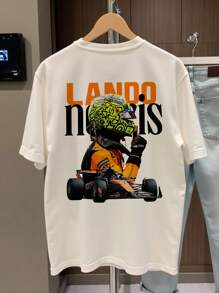 Manfinity Dauomo 男士休闲圆领短袖图案T恤，带有赛车和英文标语印花，简约风格