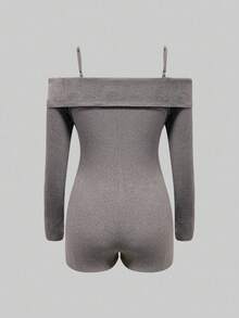 INAWLY Mono informal de mujer de unicolor con hombros abiertos y manga larga - Gris - Ver 3