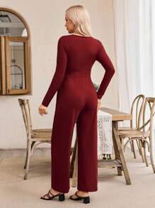 SHEIN Jumpsuit Hamil Elegan Warna Polos dengan Ikat Pinggang dan Saku Samping, Lengan Panjang, Cocok untuk Bepergian dan Kencan - Burgundy - View 2