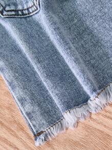 大码女童牛仔裙，甜美淑女红草莓刺绣中腰蓝色水洗宽松休闲复古牛仔裙，街头时尚甜美设计 - 藍色 - 查看 4