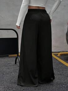 SHEIN EZwear 加大码商务休闲黑色长裤，带肩带装饰，适合日常、外出、约会、通勤 - 黑色 - 查看 2