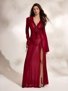 Glamance Women's Burgundy Red Ruffle Trim Front Tie Sexy Dress Y2K 2000s Back To School Fall And Winter Club Outfits Women Sexy Date Night Outfits Women - Burgundy - View 1