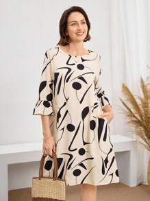 Miaspire Casual Daywear Round Neck Ruffle Sleeve Women Dress, Geometric Print Side Pockets Women Dress,Fall Women Clothes,Teacher Outfits For Women,Airport Outfit Women Beige Dress For Women Print Dresses For Women Butterfly Sleeve Dress Bell Sleeve Dress Motif Women Dresses - Multicolor - View 6