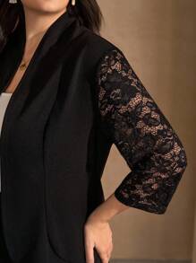 SHEIN Clasi 2 件大码女式纯色撞色蕾丝七分袖西装外套和裤子套装，秋冬办公室商务休闲装 - 黑色 - 查看 6