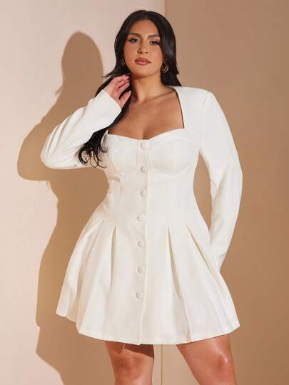 SHEIN BAE 1 件女式加大码长袖西装连衣裙，腰部收紧修身衬衫裙，秋冬