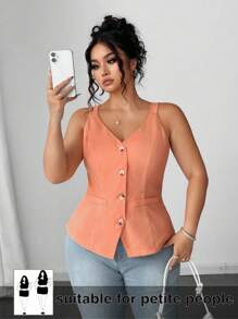SHEIN PETITE 優雅時尚女款夏季細肩帶上衣，大尺碼無袖上衣，腮紅粉，夏季，休閒正式，收腰，通勤，春秋修身 - 橘色 - 查看 1