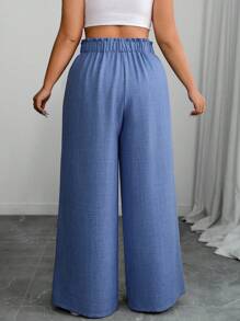 SHEIN PETITE 大码纯色休闲阔腿裤 - 藍色 - 查看 2