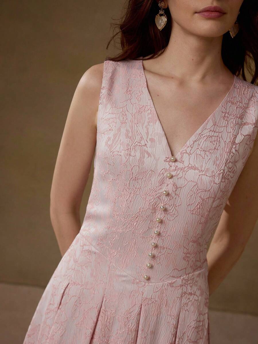 MOTF PREMIUM WOMEN'S ELEGANT JACQUARD FABRIC PLEATED MID-LENGTH DRESS - Baby Pink - View 2