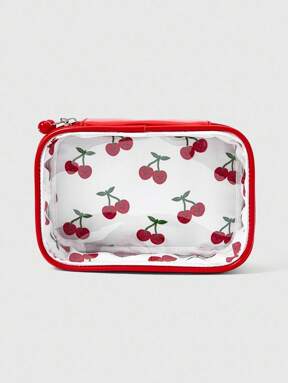 Kawaii Women's Retro Cute Cherry Print Large Capacity Cosmetic Bag, Portable For Outdoor