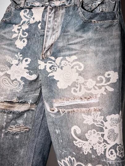Goth Pantalones cortos vaqueros holgados con bordado floral y efecto desgastado para hombre, de verano, sin cinturón incluido