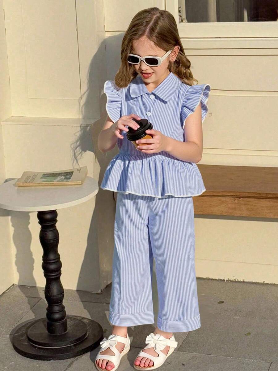 Elladie kids 女童夏季簡約飄逸袖蝴蝶結裝飾露背水滴條紋上衣與直筒休閒短褲2件套,校服套裝 - 藍色 - 查看 1