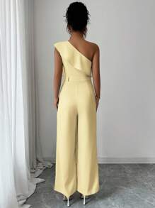 Elenzga Women's Vacation Casual Ruffle Asymmetrical Shoulder Jumpsuit, Suitable For Office, Commuting, Beach, Afternoon Tea, Party, Spring/Summer - Yellow - View 2