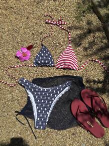Comfortcana Conjunto de Maiô Bikini Halter com Nó Torcido e Estampa de Listras Contrastantes para Mulheres - Multicolorido - Visão 4