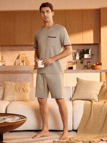 SHEIN Provexi 2PCS Men's Round Neck Short Sleeve Top And Shorts Pajama Set Men Lounge Set Sleepwear - Khaki - View 3