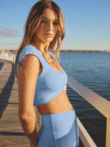 Aralina Bộ đồ hai mảnh áo đạp xe ngắn nhún bèo nhún phía trước màu vàng Leisurewear Summer - Màu xanh lam - Xem 11