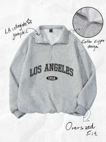 Attitoon 复古美式校园风格休闲超大中性女士宽松半拉链高领羊毛连帽衫，适合秋冬季 - 灰色 - 查看 9