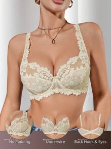 SHEIN 1pc Romantic French Floral Lace Underwire Padded Adjustable Strap Bra For Women