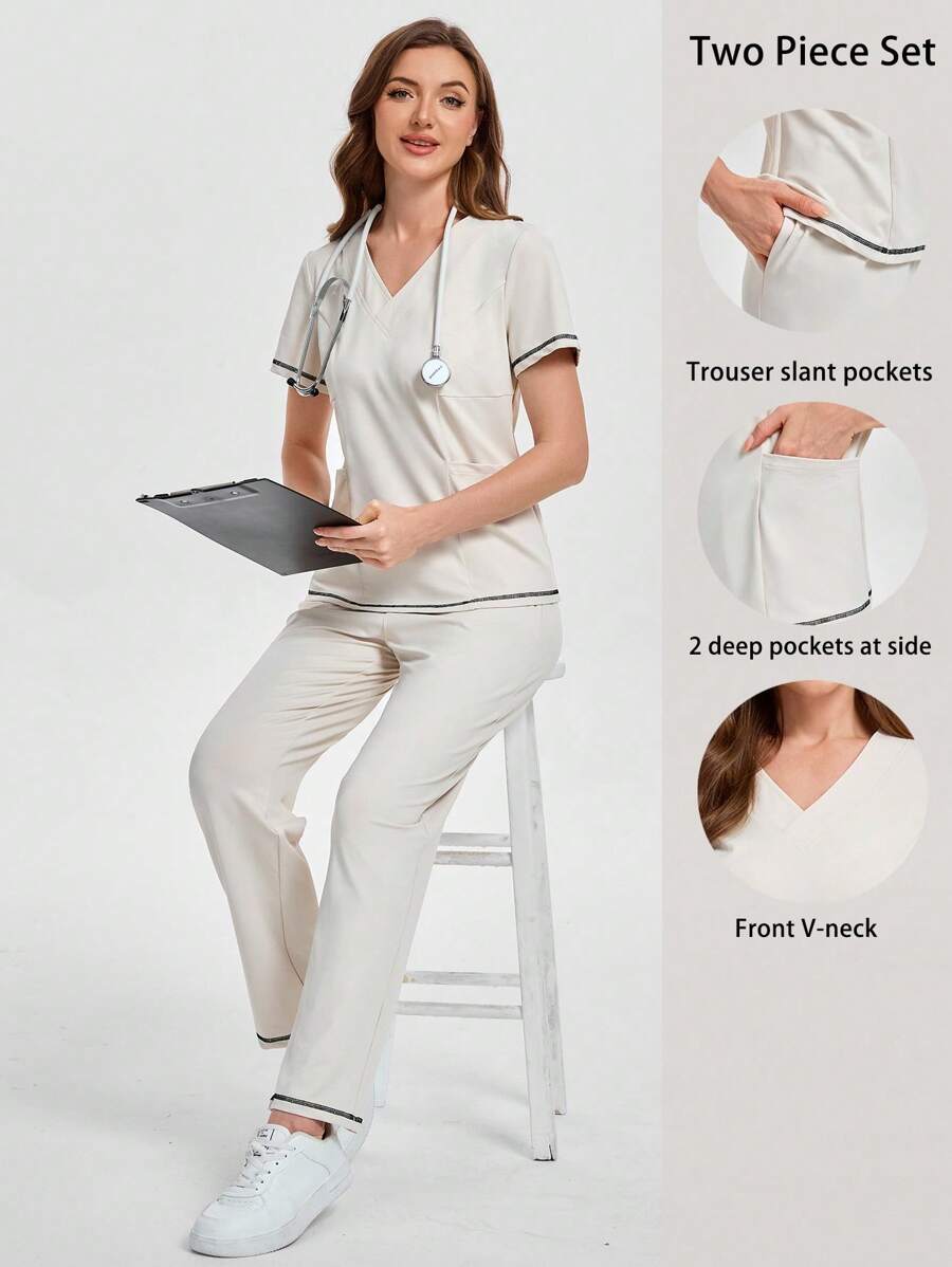 Scrubzie Conjunto de uniforme de pijama médico con costuras de contraste, manga corta y pantalón largo - Albaricoque - Ver 1
