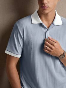 男士针织白色“Old Money”纹理修身短袖休闲 Polo 衫，适合日常穿着、通勤、春夏季、节日、派对、婚礼、情侣装、男友礼物、沙滩装 - 霧霾藍 - 查看 3