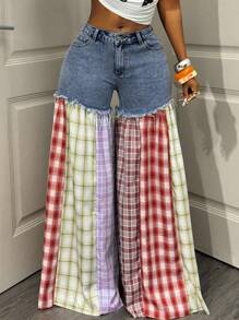 BamGleam Women's Fashion Color Block Plaid Wide Leg Jeans - Multicolor - View 1