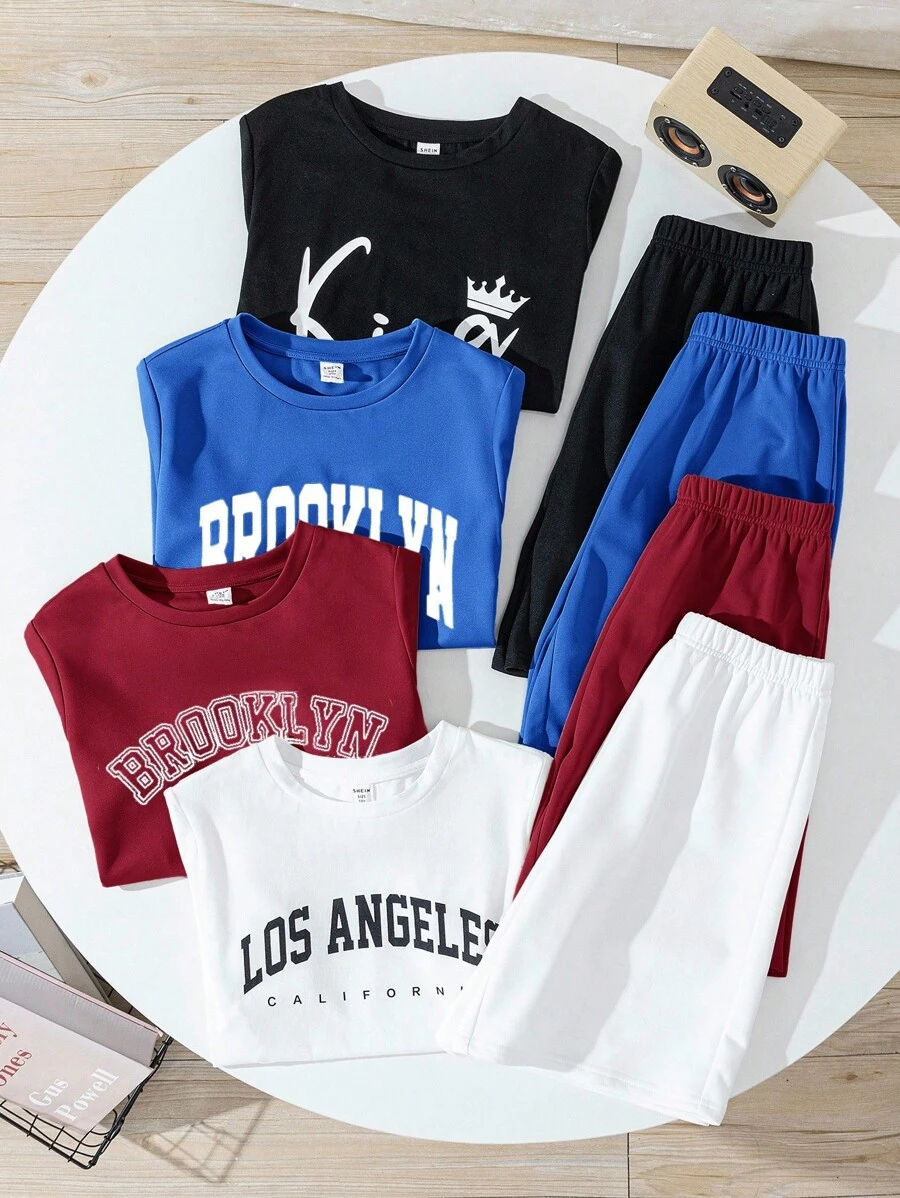 SHEIN 8pcs/Set Tween Boys Casual Loose Letter Pattern Round Neck T-Shirt & Shorts Set, Suitable For Commuting, School, Daily Casual Wear, Sports In Spring/Summer