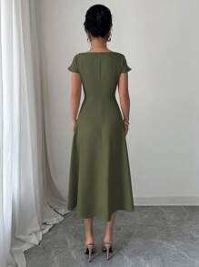 Elenzga Váy chữ A tay ngắn thanh lịch cho nữ, cổ tròn, ngực xẻ, có thắt lưng, mùa xuân/hè, thích hợp mặc đi làm, trà chiều, tiệc tùng - xanh quân đội - Xem 2