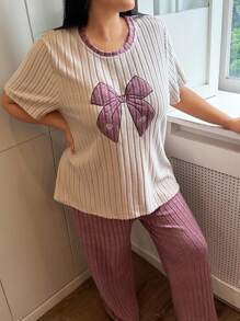 SHEIN Plus Size Women Knitted Ribbed Bow Embroidery Round Neck Short Sleeve Pants Casual Sleepwear Set