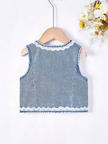 SHEIN Baby Mädchen Sommer Kaninchen & Frucht Muster Kontrast Spitze ärmellose Jeansweste - Mittele Waschung - Übersicht 2