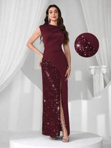 Coutiva Vestido de fiesta de lujo de alta gama, diseño con aplicaciones de lentejuelas, elegante vestido formal de dama chic - Burdeos - Ver 1
