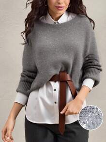 Wildy Women's Gray Autumn Casual Elegant Occasion Glitter Fuzzy Sweaters,Old Money Style Sequin Decor Fluffy Fitted T-Shirt Business Office Wear Fall Top - Grey - View 5