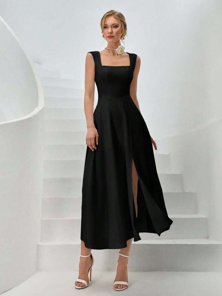 CLARA VERO 女士纯色梭织春夏季度假装长款衬衫裙系带低 V 腰侧开衩蓬蓬裙 - 黑色 - 查看 1