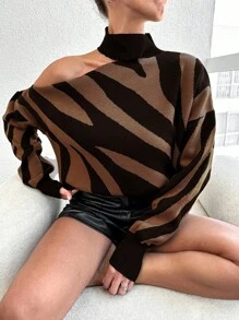 EURMUSE Suéter feminino listrado com gola assimétrica e bloco de cores - Castanho - Ver 3