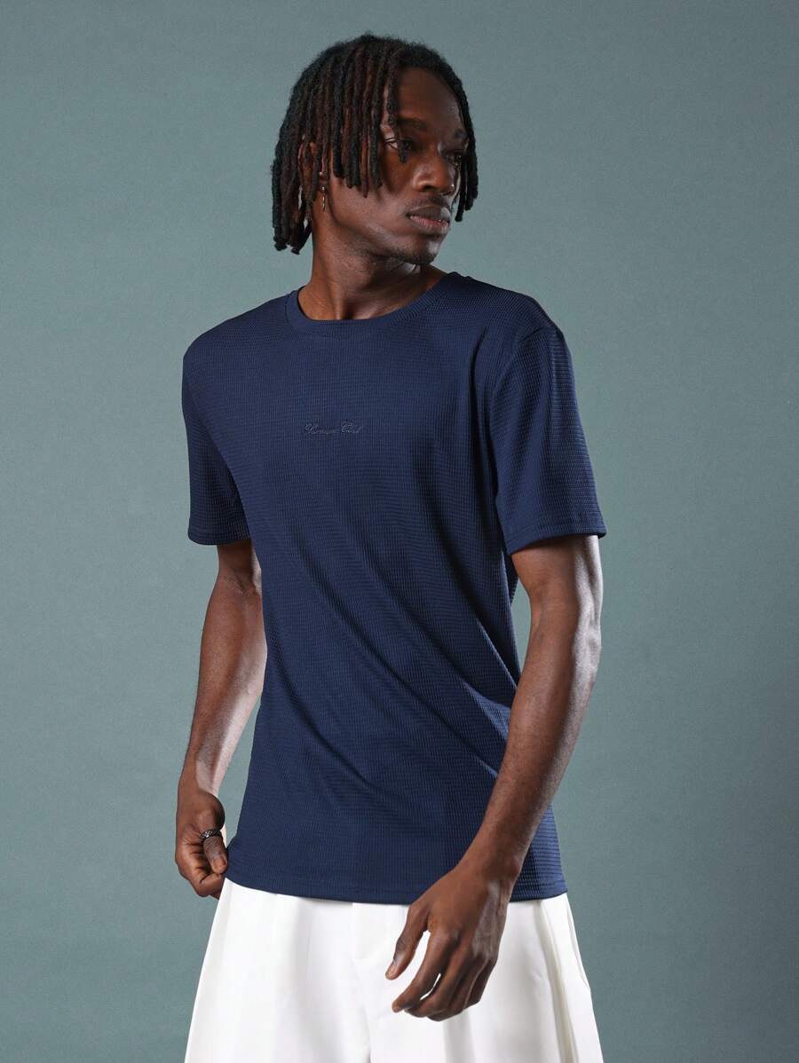 SUMWON Camiseta básica de manga corta con cuello de canalé, textura de gofre, ajuste muscular esencial, transpirable, para el verano - Azul Marino - Ver 1