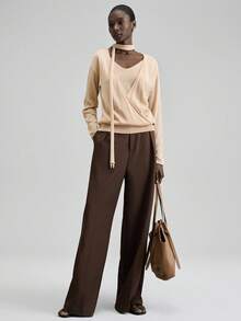 Ontre Aprikotfarbenes minimalistisches, bequemes Strickoberteil, 2 in 1, Langarm, geeignet für den frühen Herbst, Alltagstragen, minimalistischer Stil, Businesskleidung, Berufspendelverkehr, Freizeitbekleidung, Damen Bluse - Aprikosenfarben - Übersicht 3