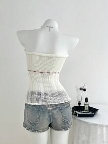 SHEIN Unity Women Holiday Casual Lace-Up Hollow-Out Knitted Halter Top Fall Winter - White - View 2