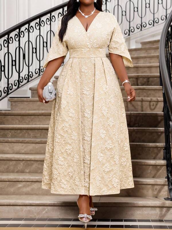 SHEIN Lady  Spring And Summer Autumn And Winter Elegant Party Commuting Office Colorful Woven Notched Ball Gown Short Sleeve Kaftan Dress Plus Size Dresses