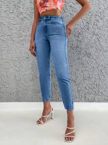 SHEIN Cottnline Jeans Com Corte Ajustado De Cor Sólida Para Mulheres - Lavagem Média - Ver 4
