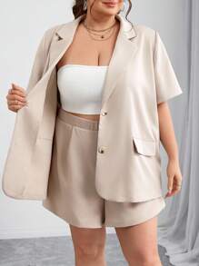 SHEIN CURVE+ Curve 大码/秋装/秋季女装/女士冬装/冬装大码女装夏秋装返校服装秋季服装商务女装新款时尚休闲通勤优雅商务休闲卡其色西装和卡其色裤子两件套短袖西装套装