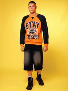 Cheetos X SHEIN Men's Color Block Letter Graphic Crew Neck Long Sleeve Pullover Sweatshirt - Orange - View 3