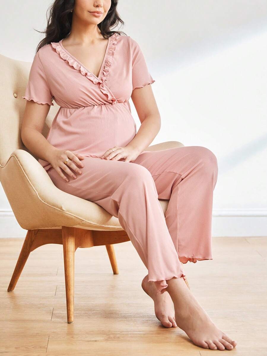 Moonlight&Mama Set de pijama de maternidad de unicolor con cuello en V, volantes y mangas cortas, y pantalón largo - Rosa - Ver 1