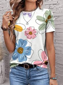 EMERY ROSE Versatile Floral Pattern Casual Minimalist Crew Neck Short Sleeve Loose Fit Women T-Shirt, Spring/Summer Suitable For Going Out - Multicolor - View 3