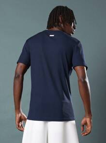 SUMWON Camiseta básica de manga corta con cuello de canalé, textura de gofre, ajuste muscular esencial, transpirable, para el verano - Azul Marino - Ver 2