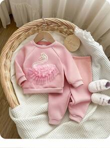 2pcs Baby Girl Cute Cartoon Pattern Long Sleeve Sweatshirt & Elastic Waist Long Pants Set, Thermal Lined, Autumn/Winter - Dusty Pink - View 1