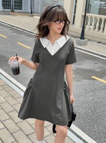 少女休闲拼色拼接迷你夏季连衣裙 - 灰色 - 查看 3