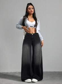SHEIN Tall Quần Jeans Ống Rộng Cạp Thấp Có Túi Cho Nữ, Kiểu Dáng Thoải Mái Thường Ngày, Đa Năng - Màu xám đen - Xem 7