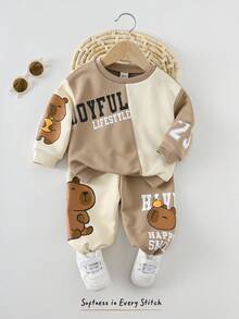 Cozy Pixies Bộ 2 áo nỉ phong cách hoạt hình thường ngày cho bé trai có họa tiết chữ và miếng vá màu tương phản, kết hợp với quần bo gấu màu tương phản, cạp chun, thu/đông - Nhiều màu - Xem 3