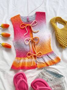 Soleia Women's Pink And Orange Ombre Tie Front Sleeveless Cardigan,Summer Boho Vacation Cute Knit Top,Fairycore Sweaters Casual Airport Back To School - Multicolor - View 1