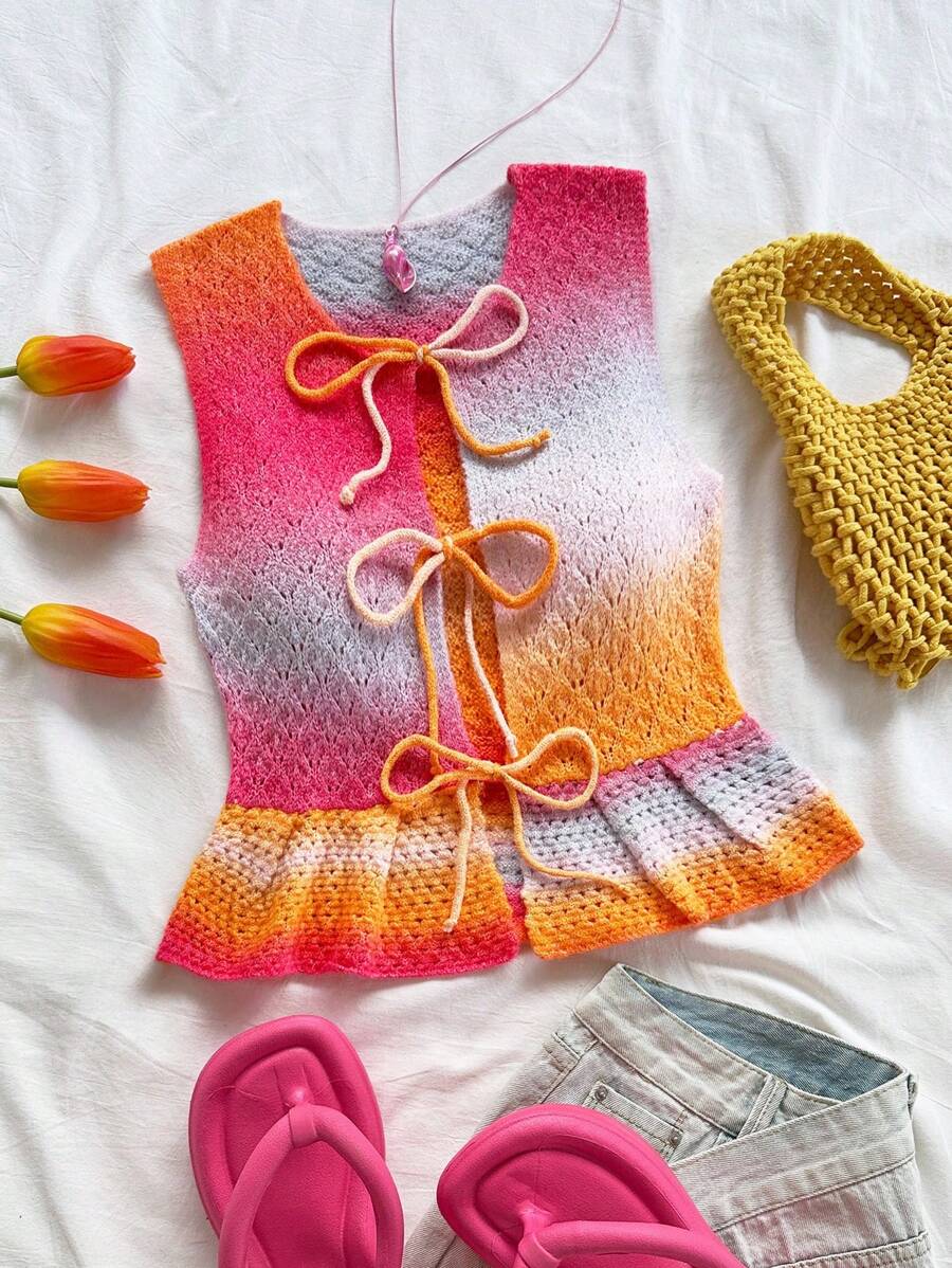 Soleia Women's Pink And Orange Ombre Tie Front Sleeveless Cardigan,Summer Boho Vacation Cute Knit Top,Fairycore Sweaters Casual Airport Back To School - Multicolor - View 1