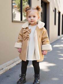 SHEIN Vintaside Kids 女嬰毛領蝴蝶結貼花風衣，秋冬米色可愛款 - 駝色 - 查看 8